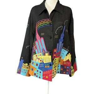 Pushpa Women's 1X Black Cotton Embroidered Cityscape Appliqué Art-to-Wear Jacket